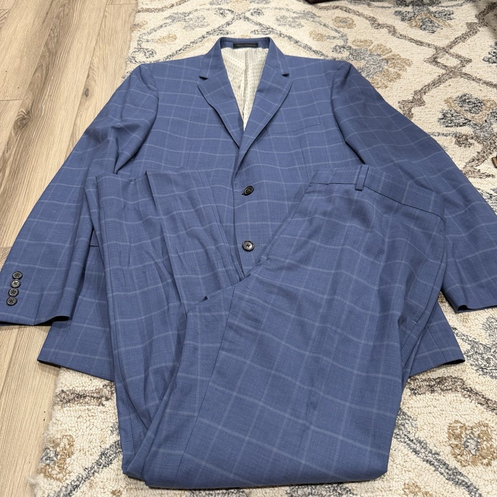 Austin Reed Mens 2 Piece Suit 42R 36x31 Blue Windowpane Plaid Wool Flat Front